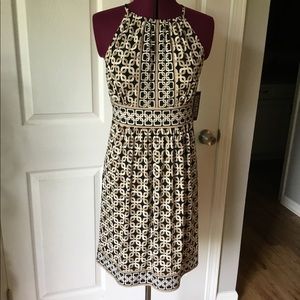 New York And Company Draw String Neck Dress Brown Black White Tones